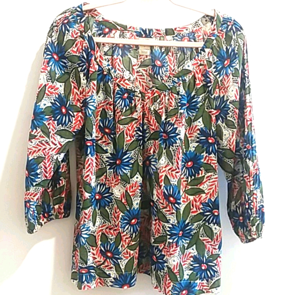 Lucky brand floral 100% cotton semi sheer blouse